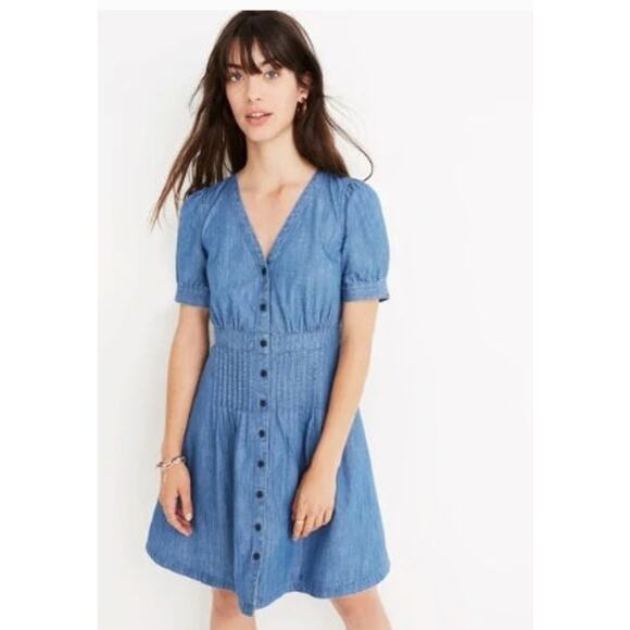 Madewell Blue Annetta Wash Denim Daylily Short Sleeve Pintuck Mini Dress Size 6 - Picture 1 of 7